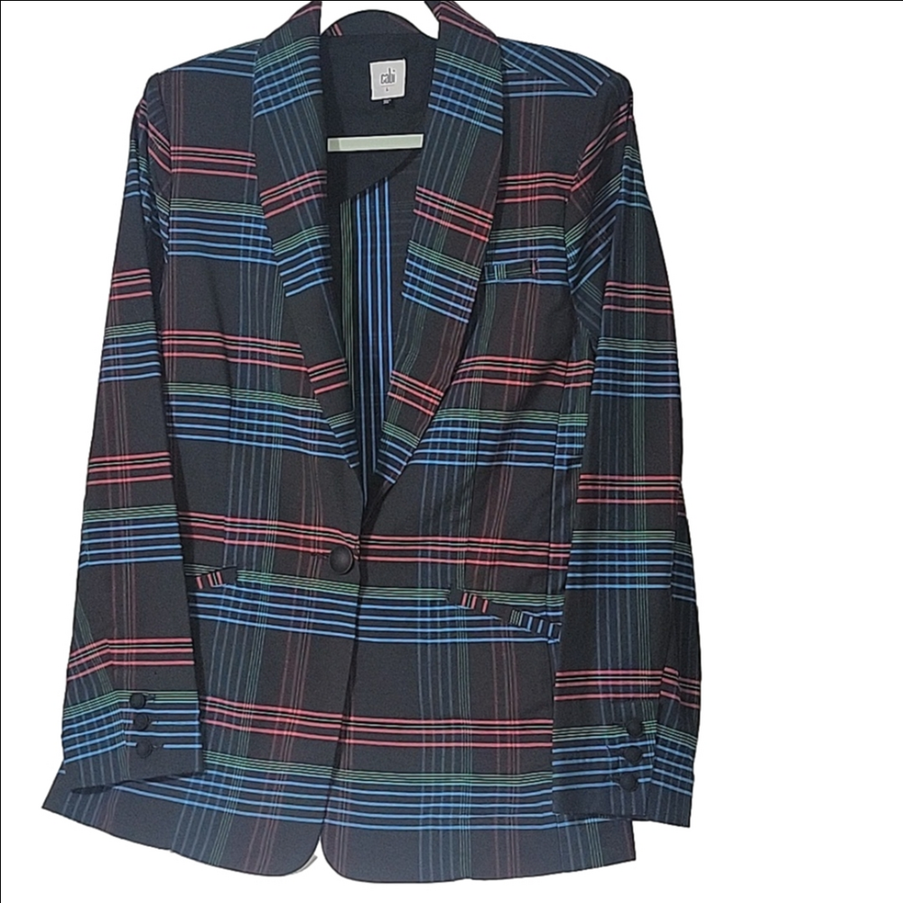 CABI #3850 "THE HOLIDAY BLAZER" PLAID Red, Blue And Green On Black, Size LARGE
